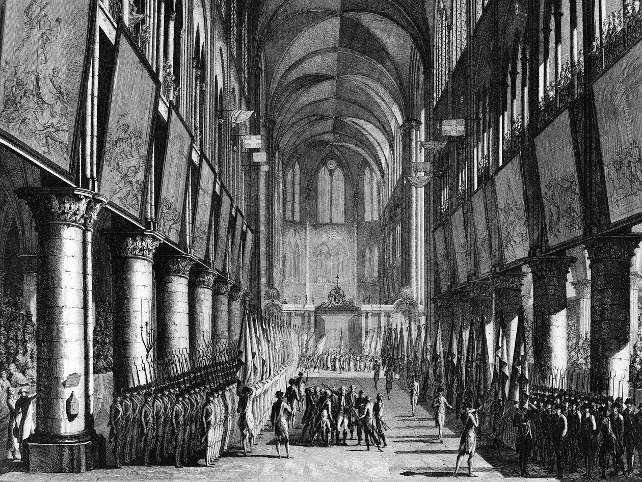 Rewolucja Francuska: Błogosławieństwo flag Gwardii Narodowej przez prałata Juigne w kościele Notre Dame 27 września autorstwa Jean Louis II (after) Prieur