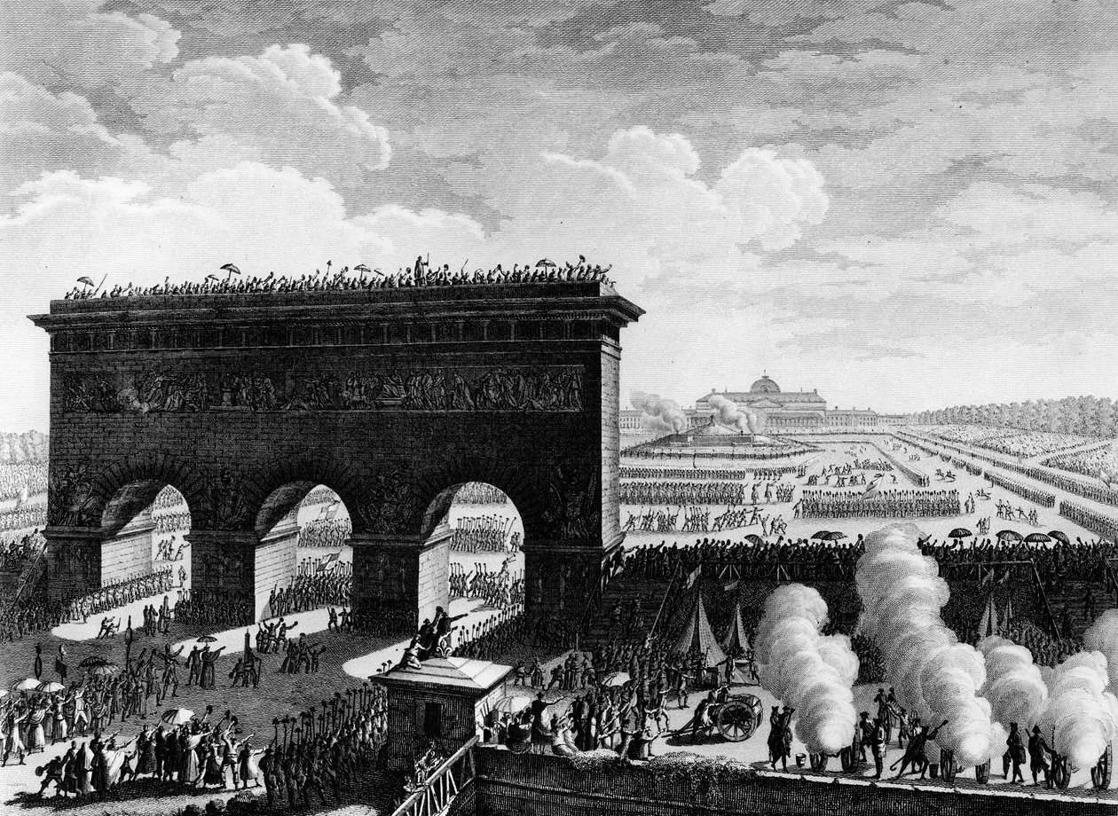 Rewolucja Francuska: Święto Federacji 14 lipca 1790 na Polach Marsowych w Paryżu. Grawerowanie Berthauta według przeora. Paryż, Biblioteka Instytutu Historii Rewolucji autorstwa Jean Louis II (after) Prieur