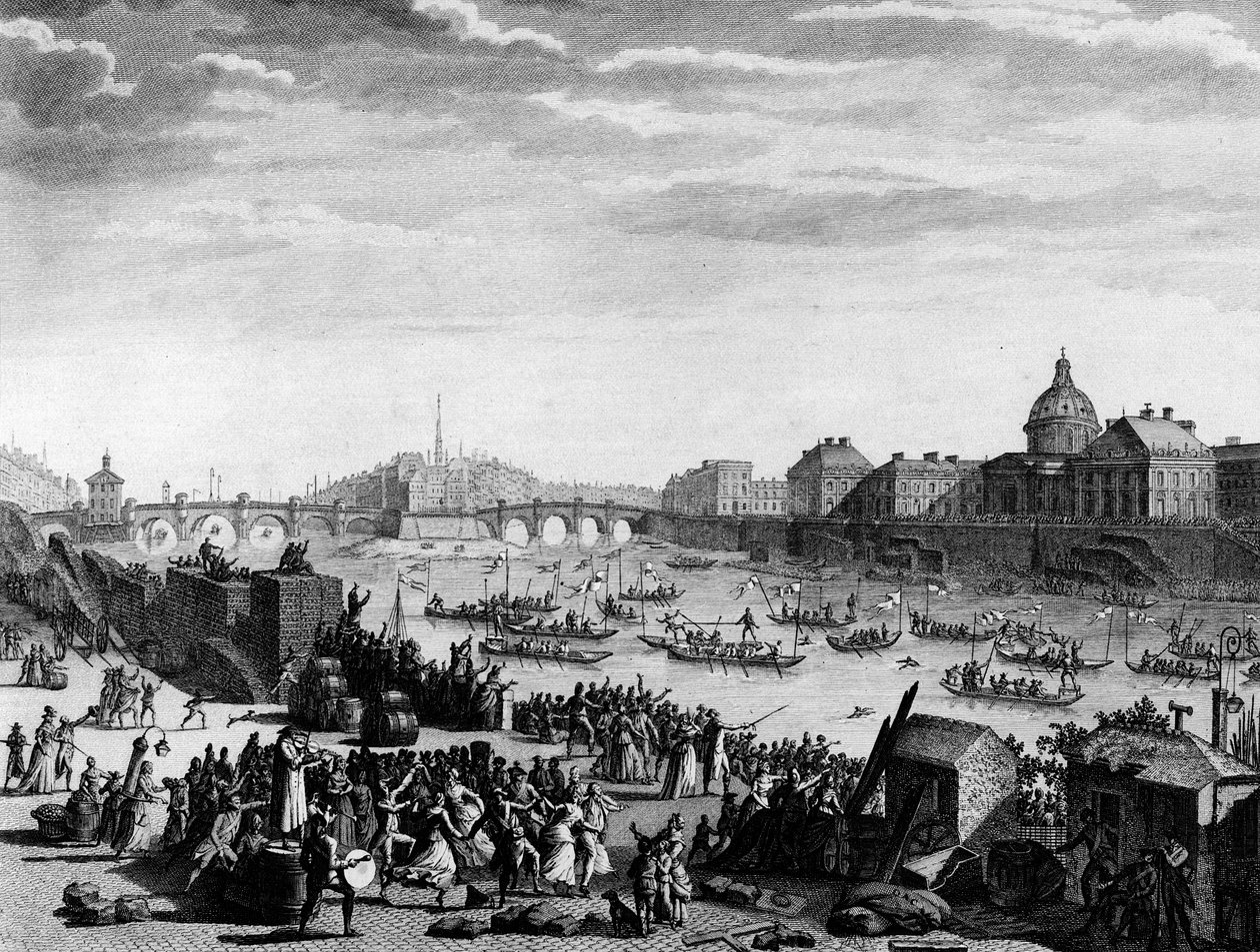 Rewolucja francuska: Święto wykonane na pamiątkę federacji: gra nad Sekwaną w Paryżu 18 lipca autorstwa Jean Louis II (after) Prieur