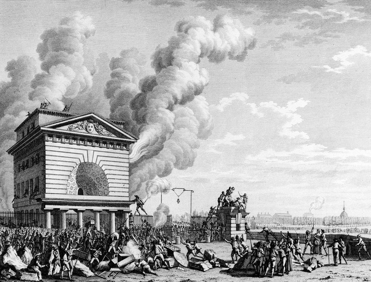 Rewolucja francuska: Pożar bariery konferencji w Paryżu 12 lipca 1789 r. Rycina Berthauta wg przeora. Paryż, Biblioteka Institut d