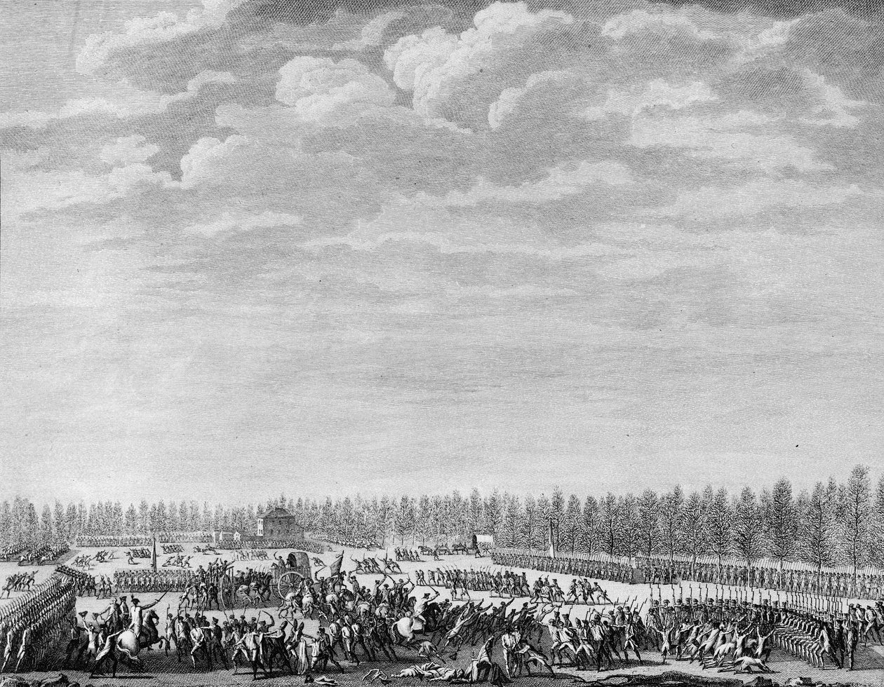 Rewolucja francuska: Gilbert du Motier, markiz de la Fayette (1757-1834) kazał rozbroić dwustu żołnierzy za brak dyscypliny na Polach Elizejskich w Paryżu 12 stycznia 1790 r. Grawerowanie wykonane przez Berthauta według przeora. Paryż, Biblioteka Instytutu autorstwa Jean Louis II (after) Prieur
