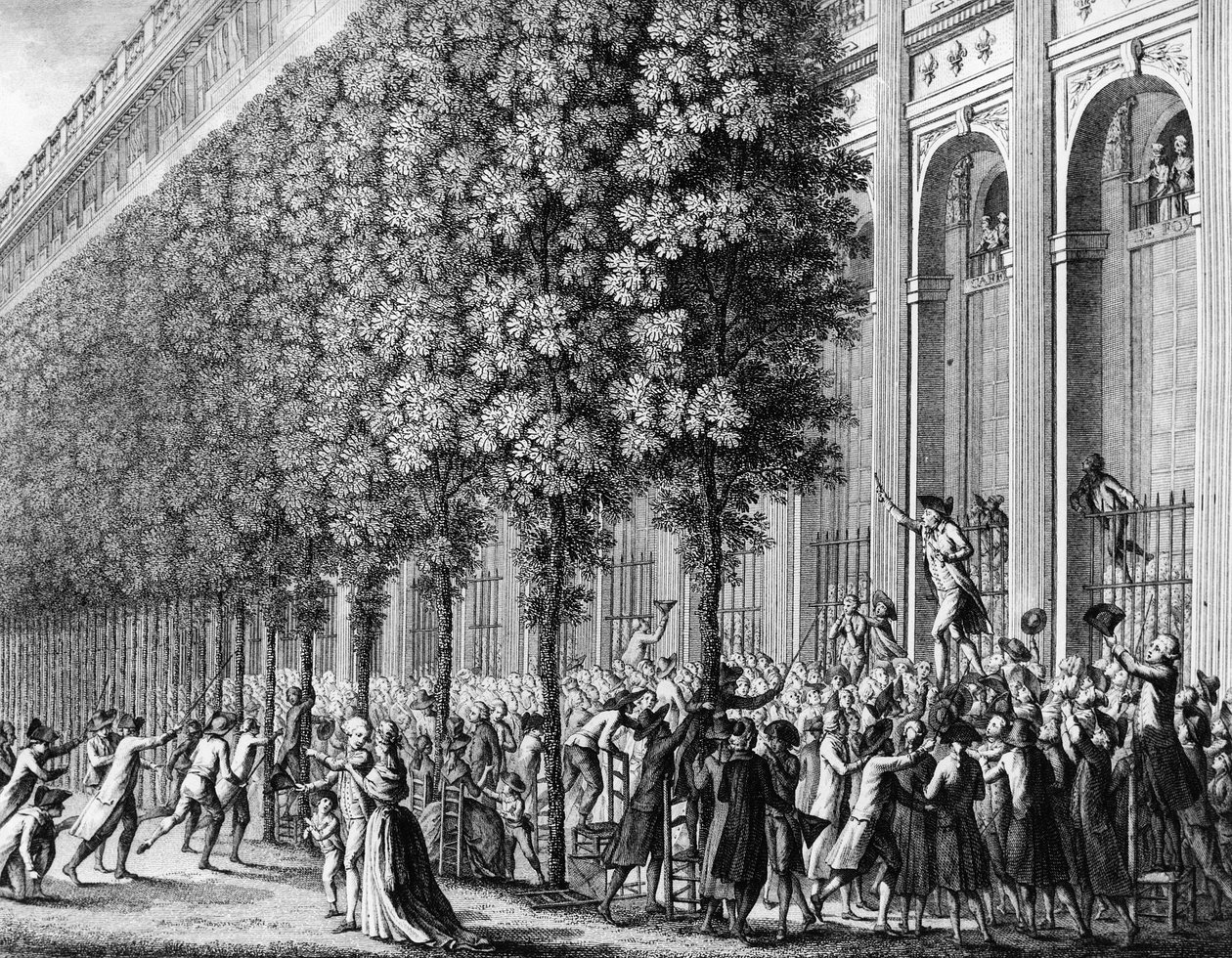 Rewolucja Francuska: Projekt wykonany w Pałacu Królewskim przez Camille Desmoulins (1760-1794) w dniu 12 lipca 1789 r. Grawer Berthauta według przeora. Paryż, Biblioteka Instytutu Historii Rewolucji autorstwa Jean Louis II (after) Prieur