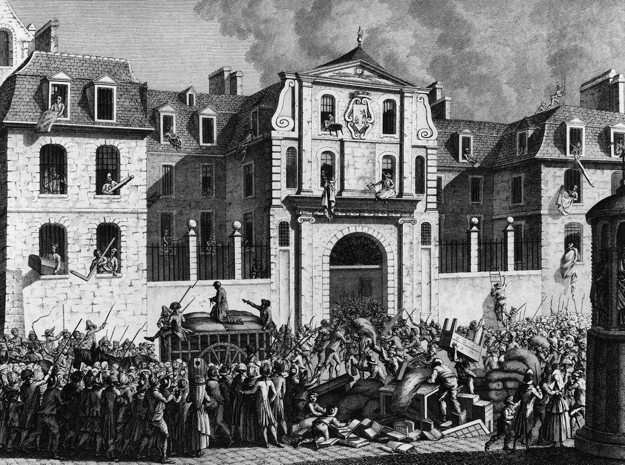 Rewolucja Francuska: Grabież domu Saint Lazare w Paryżu w poniedziałek 13 lipca 1789 przez rewolucjonistów. Grawerowanie Berthauta według przeora. Paryż, Biblioteka Instytutu Historii Rewolucji autorstwa Jean Louis II (after) Prieur