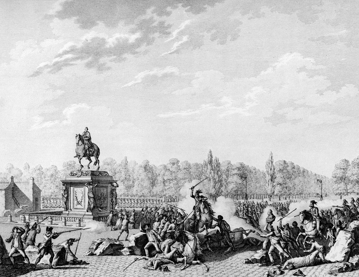 Rewolucja Francuska: Place Ludwika XV, smoki Karola Eugeniusza de Lorraine, księcia Lambesc (1754-1825) załadowały orszak niosący popiersia Jacquesa Neckera (1732-1804) i księcia Orleanu 12 lipca 1789. Grawerowanie wykonane przez Berthauta po przeor. Paryż autorstwa Jean Louis II (after) Prieur