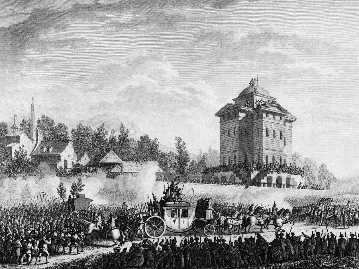 Rewolucja Francuska: Powrót rodziny królewskiej po aresztowaniu w Varennes w dniach 20 i 21 czerwca 1791 r.: Król Ludwik XVI i Maria Antonina powrócili do Paryża 25 czerwca 1791 r. Grawerowanie według rysunku przeora. Paryż, Biblioteka Instytutu Historyczn autorstwa Jean Louis II (after) Prieur