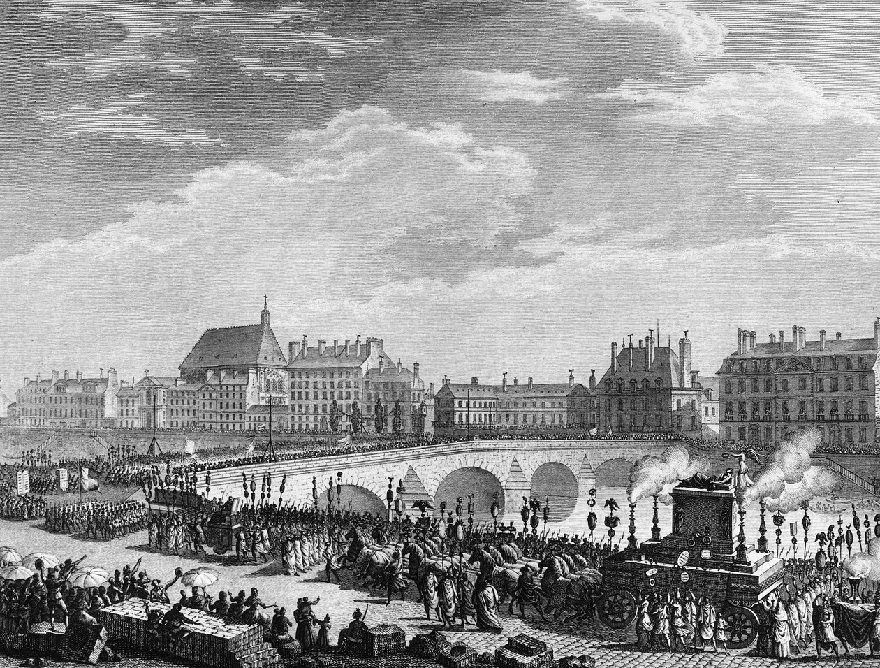 Rewolucja Francuska: Triumf Francois Marie Arouet dit Voltaire (1694-1778) 11 lipca 1791 r. (czołg funebre szczątków Voltaire ma swój przejazd na Moście Królewskim). Grawerowanie Berthauta według przeora. Paryż, Biblioteka Instytutu Historycznego autorstwa Jean Louis II (after) Prieur