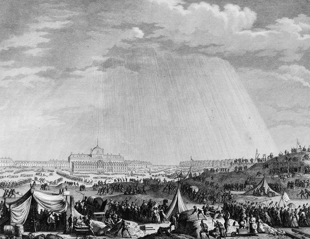 Rewolucja Francuska: Dzieła Pól Marsowych w Paryżu na święto Federacji 14 lipca autorstwa Jean Louis II (after) Prieur