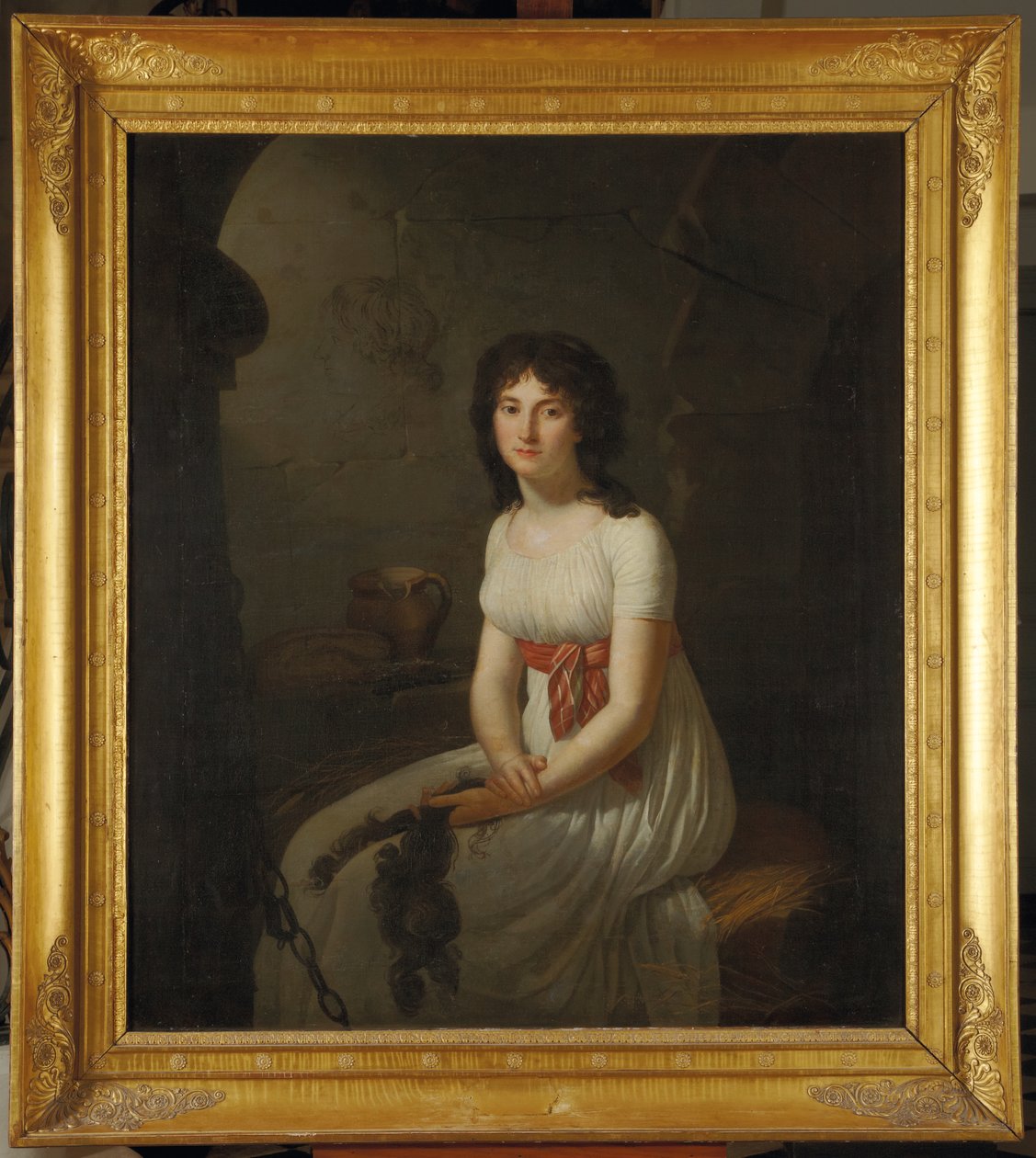 Obywatelka Tallien w celi w więzieniu La Force, trzymająca obcięte włosy, 1796 autorstwa Jean Louis Laneuville