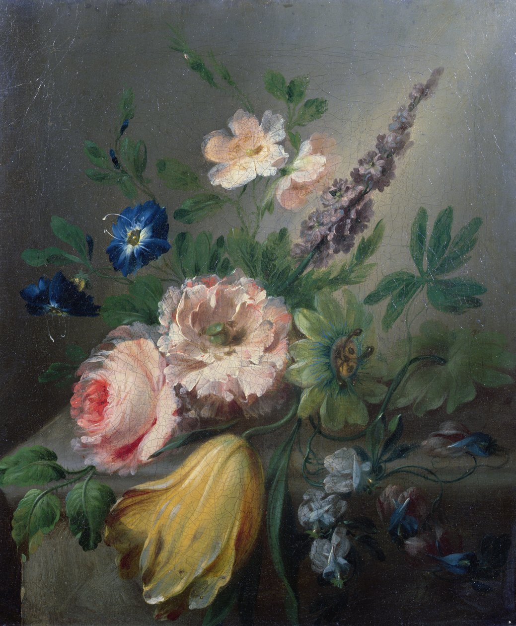 Martwa natura z róż, passiflory, tulipana i innych kwiatów na kamiennej półce autorstwa Jean Louis Prevost