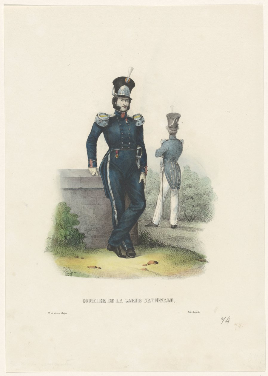 Oficer Gwardii Narodowej, 1828 Oficer Gwardii Narodowej (tytuł na obiekcie) Stroje belgijskie: starożytne i współczesne, wojskowe, cywilne i religijne, 1830 (tytuł serii) autorstwa Jean Louis Van Hemelryck