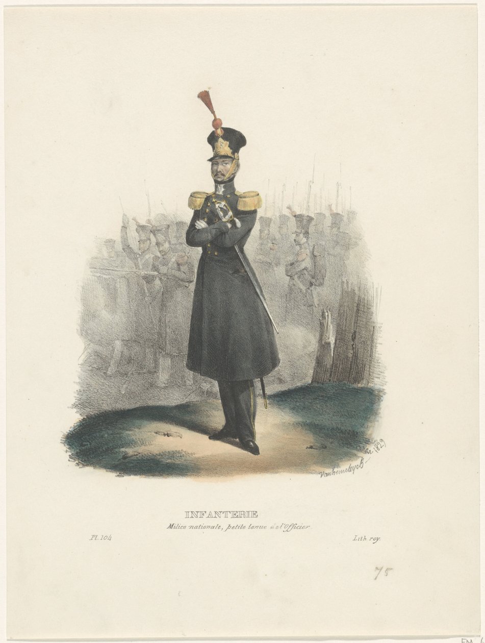 Oficer Milicji Narodowej, 1829 Piechota / Milicja Narodowa, rozbiór oficerski (tytuł na obiekcie) Stroje belgijskie: starożytne i współczesne, wojskowe, cywilne i religijne, 1830 (tytuł serii) autorstwa Jean Louis Van Hemelryck