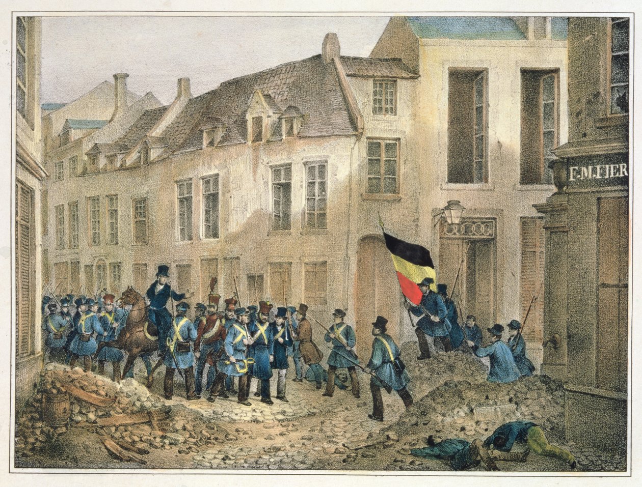 Rue de Louvain, Bruksela, 23 września 1830, rytowana przez A.M. Jobard (fl.1820-30) autorstwa Jean Louis Van Hemelryck
