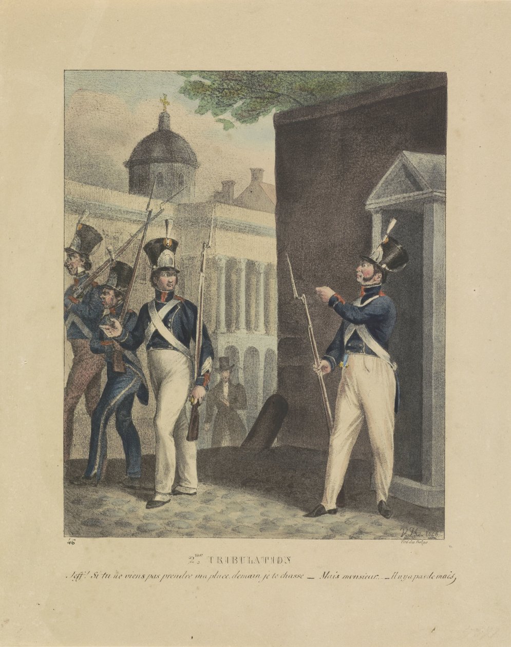 Druga próba, 1828 Drugi ucisk. Jeff! si tu ne viens pas prendre ma place, demain je te chasse - Mais monsieur - Il ny a pas de mais (tytuł na obiekcie) Karykatury o dysproporcji wśród strzelców belgijskich, 1828 (tytuł serii) autorstwa Jean Louis Van Hemelryck
