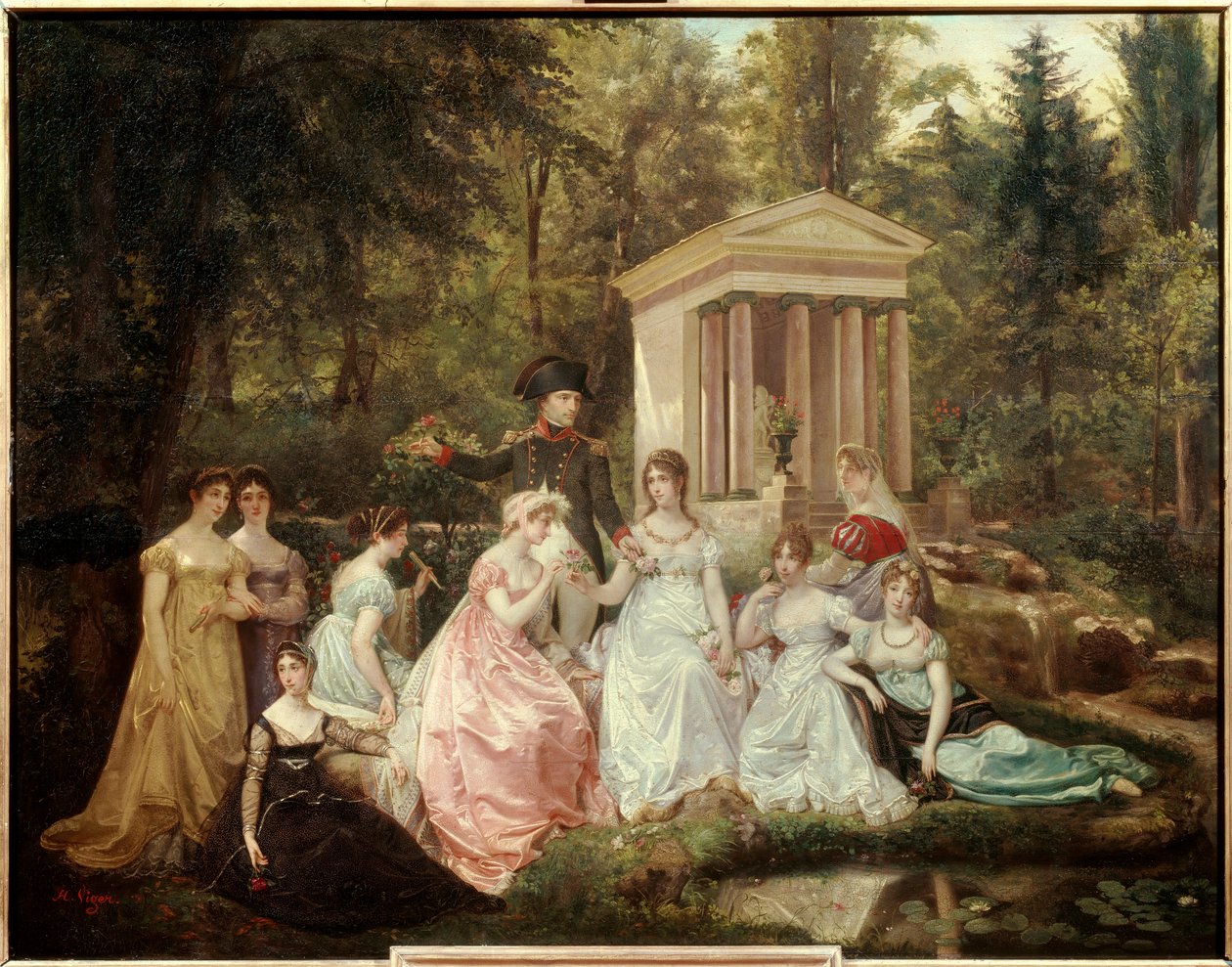 Róża z Malmaison: Cesarzowa Josephine de Beauharnais i cesarz Napoleon Bonaparte i jego damy honorowe Obraz Victor Vigger du Vigneau (1819-1879) niedz. 0,71x0,92 m Malmaison, muzeum zamkowe autorstwa Jean Louis Victor Viger du Vigneau