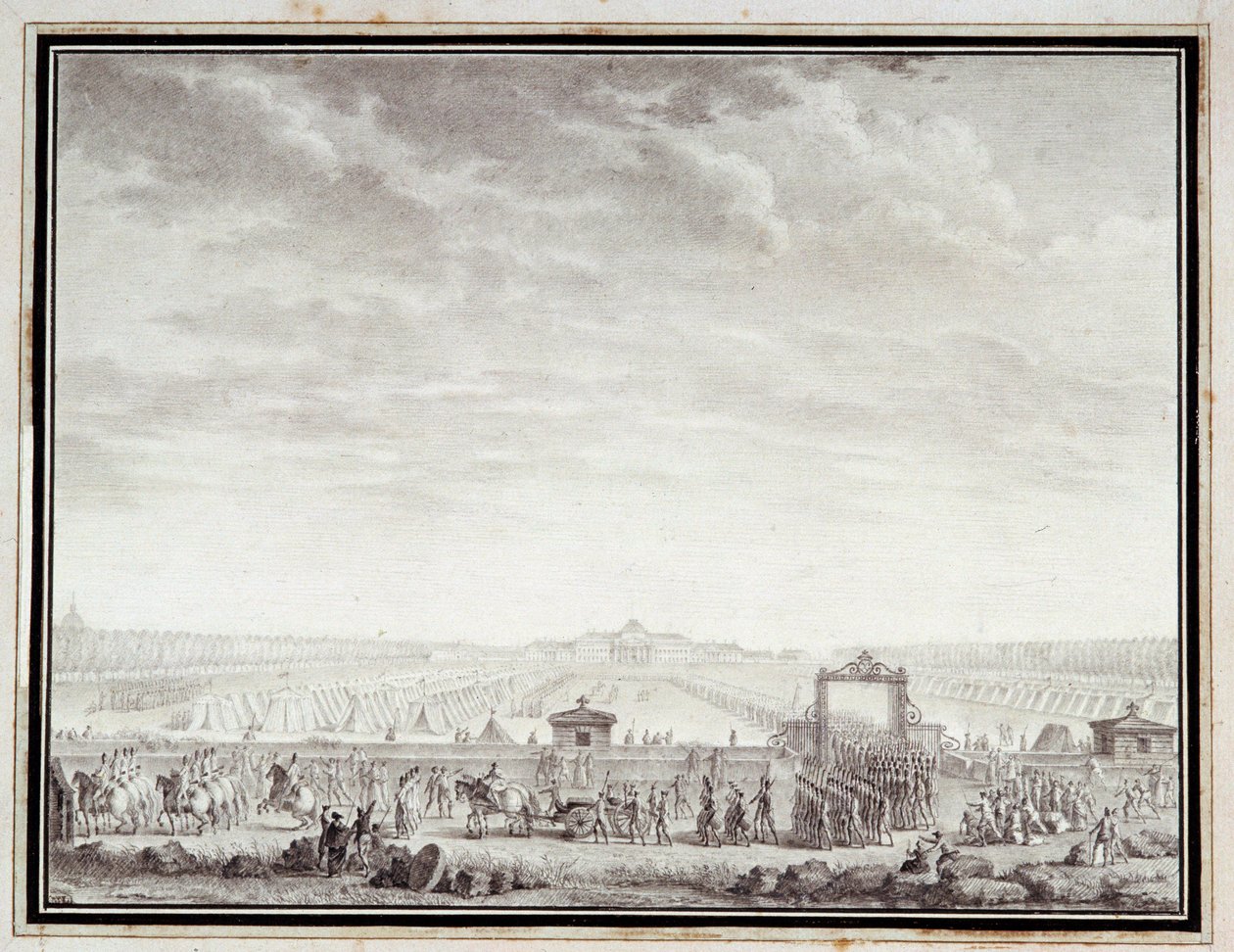 Rewolucja francuska: „”Les trupes du Champ-de-Mars odlatujące do Place Louis XV: 12 lipca 1789”” Rysunek tuszem i praniem autorstwa Jean-Louis Prieur (1759-1795) XVIII wiek. Rozmiar 0,17x0,23m. Paryż, Muzeum Carnavalet autorstwa Jean Louis the Younger Prieur