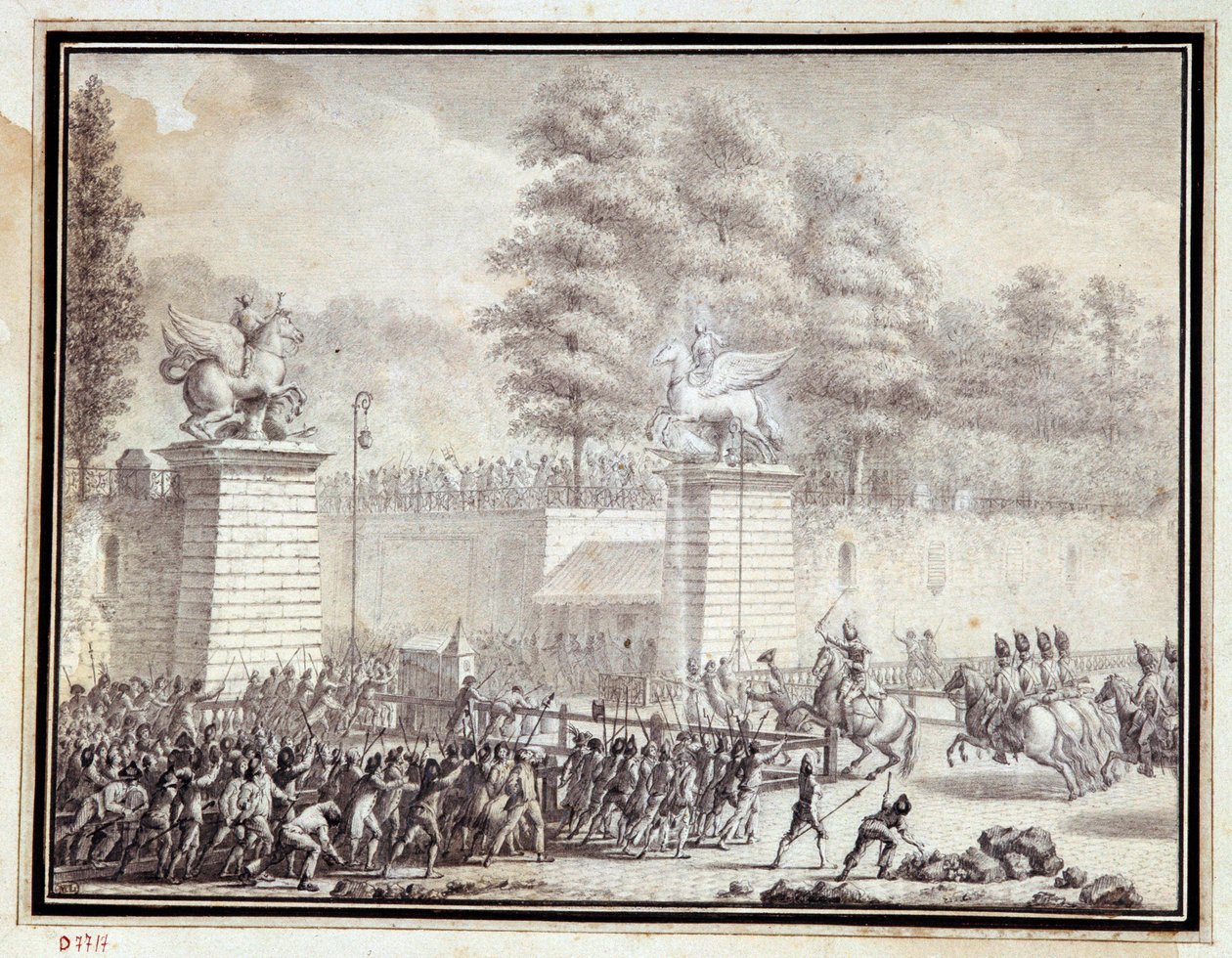 Rewolucja francuska: „” Monsieur de Lambesc wchodzący do Tuileries z oddziałem z Królewskiego Pułku Niemieckiego w dniu 12 lipca 1789”” Rysunek tuszem i praniem autorstwa Jean-Louis Prieur (1759-1795) autorstwa Jean Louis the Younger Prieur