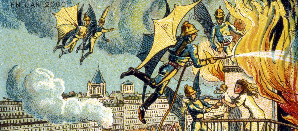 Latający strażak. Z cyklu Wizje Roku 2000, 1899 autorstwa Jean Marc Côté