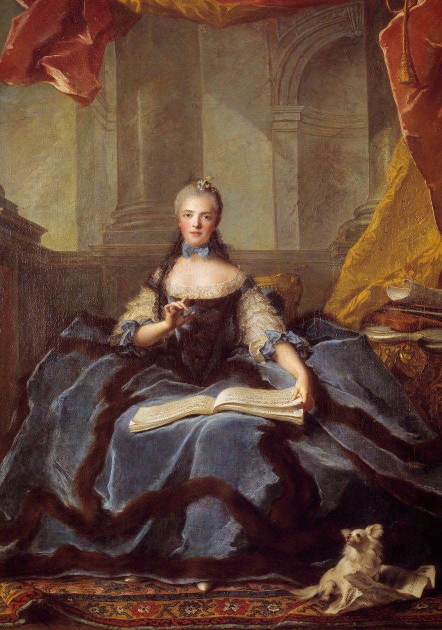 Portret Marii Adelaide z Francji znanej jako Madame Adelaide (1732-1799), córki Ludwika XV Bien Aime i Marii Leszczyńskiej reprezentowanej w 1758 roku, w stroju dworskim, trzymającej księgę muzyczną Malarstwo Jeana Marca (Jean-Marc) Nattiera ( 1685-1766) 1 autorstwa Jean Marc Nattier