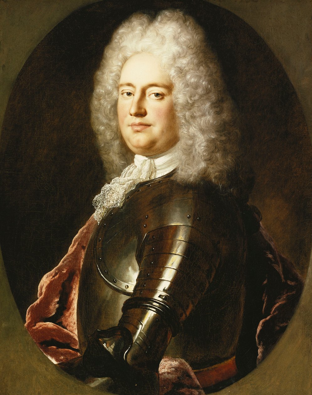 Portret dżentelmena, do połowy długości, w zbroi, białym żabocie i karmazynowym chuście, w malowanym owalu, autorstwa Jean Marc Nattier