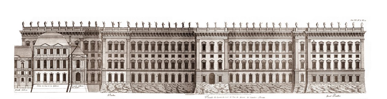 Luwr w Paryżu, projekt Gian Lorenzo Bernini: elewacja głównej fasady zwróconej w stronę Sekwany - Z „”Architecture francoise”” autorstwa Jacques-Francois Blondel - elewacja de la principale fronte cote Seine - projekt Bernina - grawer Jean Marot autorstwa Jean Marot