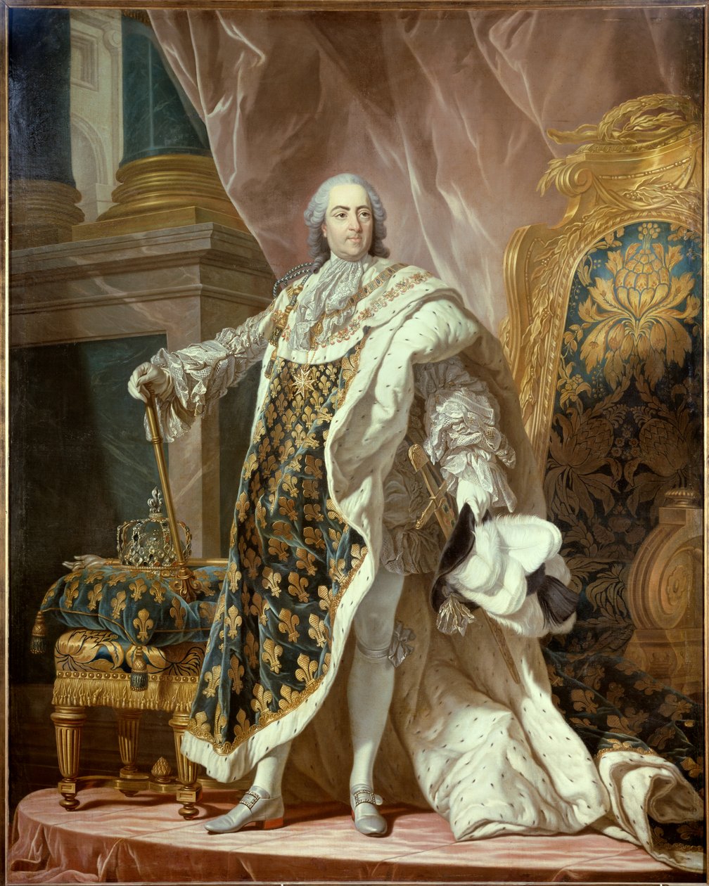Portret u stóp Ludwika XV (1710-1774) w stroju sakralnym, króla Francji. Obraz Jean Martial Fredou (1710-1774) wg Louis Michel van Loo (1707-1771) 1761 Dim. 2,77x1,95 m - Portret na całej długości przedstawiający Ludwika XV (1710-1774), króla Francji, w ko autorstwa Jean Martial Frédou
