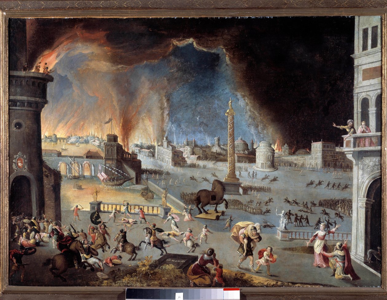 Zdobycie Trojańskiej Sceny Wojny Trojańskiej, miasto jest dewastowane przez Greków, którzy przedostali się do miasta dzięki koniowi. Obraz Jeana Maublanca (1582-1628). XVII wiek. Besancon, musee des Beaux Arts - Upadek Trojana - Scena Trojana W autorstwa Jean Maublanc