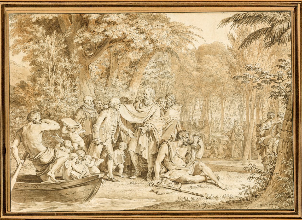 Przybycie Jeana-Jacquesa Rousseau na Pola Elizejskie autorstwa Jean Michel Moreau