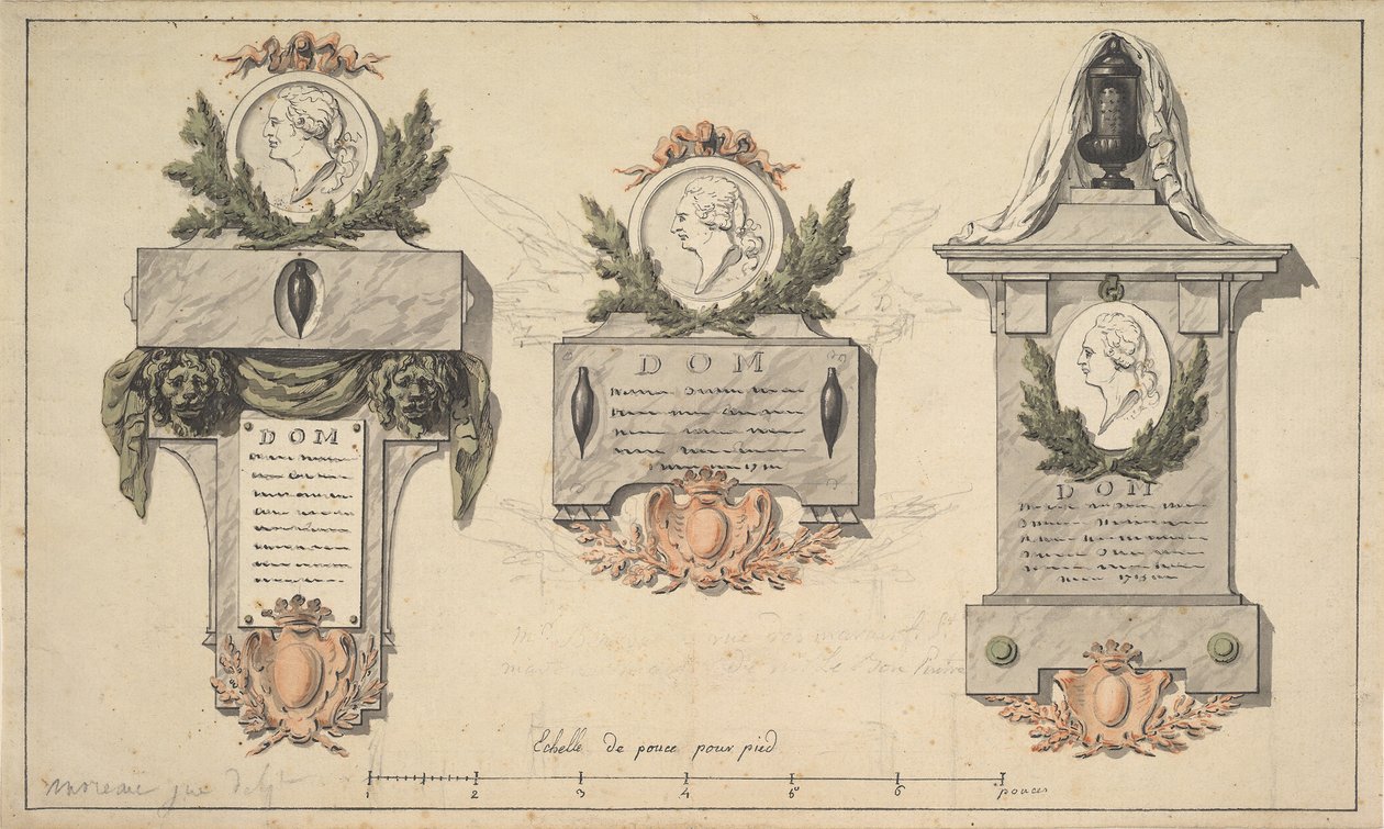 Trzy projekty pomnika nagrobnego lub epitafium, ca. 1770-90. autorstwa Jean Michel Moreau