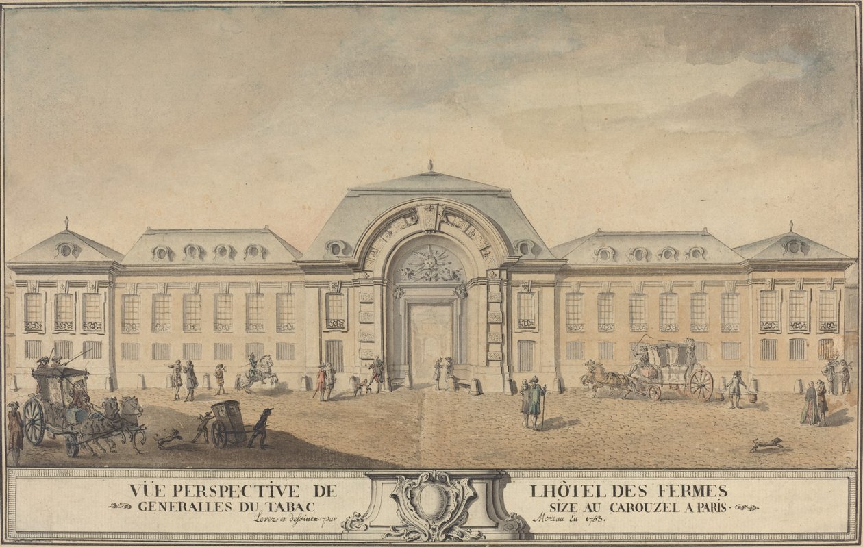 Widok na Hôtel des Fermes Générales du Tabac autorstwa Jean Michel Moreau