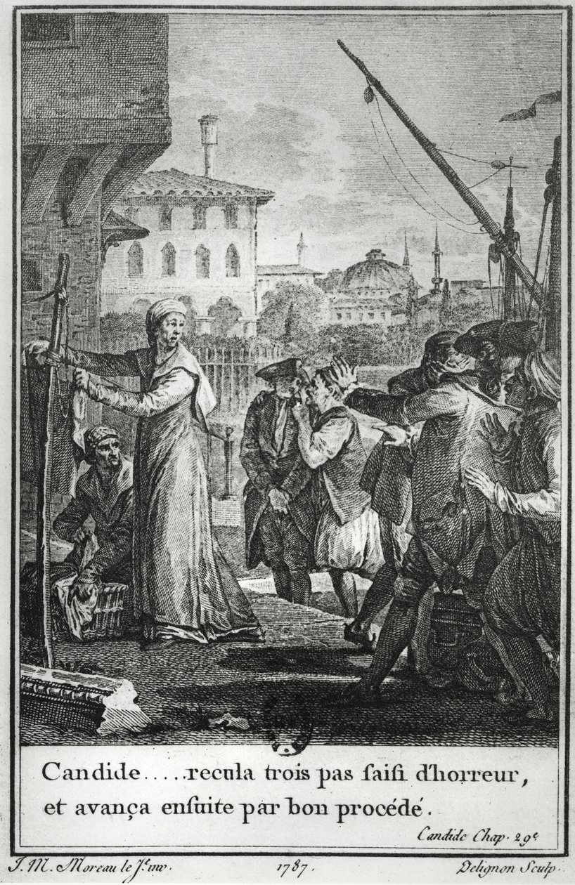 Kandyd ... cofnął się o trzy kroki w przerażeniu, a następnie przeszedł dobrą procedurą, ilustracja z rozdziału 29 Kandyda Francoisa Voltaire