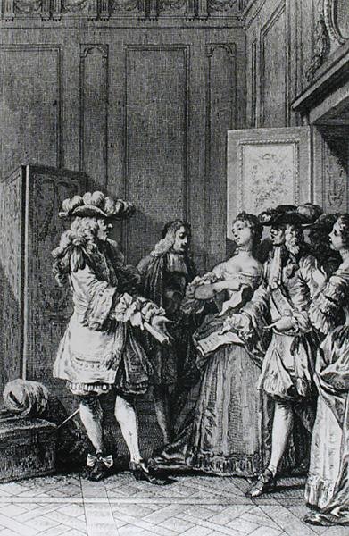 Ilustracja z LImpromptu de Versailles Moliera (1622-73) rytowana przez D. Nee autorstwa Jean Michel the Younger Moreau