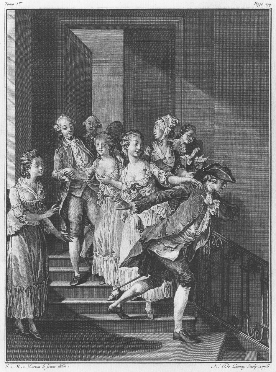 Ucieczka z Saint-Preux, tom I, s. 279, ilustracja z „La Nouvelle Heloise” Jean-Jacques Rousseau (1712-78) sztychowana przez Noela Le Mire (1724-1800) autorstwa Jean Michel the Younger Moreau