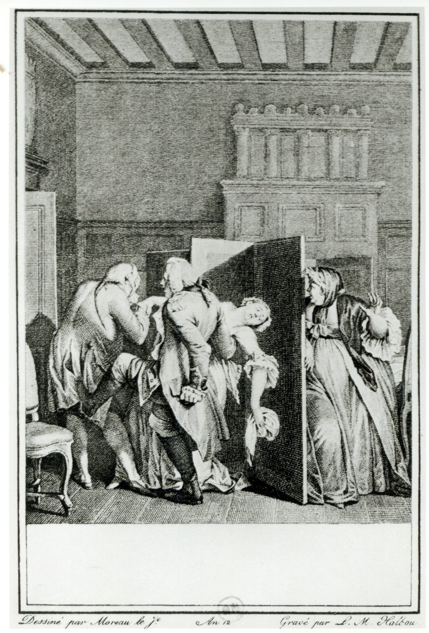 Baron… zasalutował Kandydowi kilkoma godnymi uwagi kopniakami w zamek i wypędził go za drzwi, ilustracja z rozdziału 1 Kandyda autorstwa Francois Voltaire (1694-1778) rytowana przez Louisa Michela Halbou ( autorstwa Jean Michel the Younger Moreau