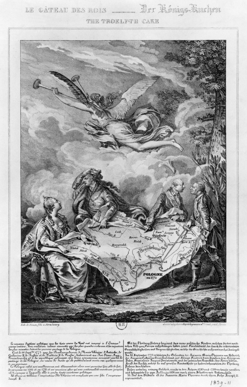 Ciasto Troelfa, pierwszy rozbiór Polski 26 września 1772 r., ryt Noel Le Mire (1724-1800) (lit) (fot. bw) autorstwa Jean Michel the Younger Moreau