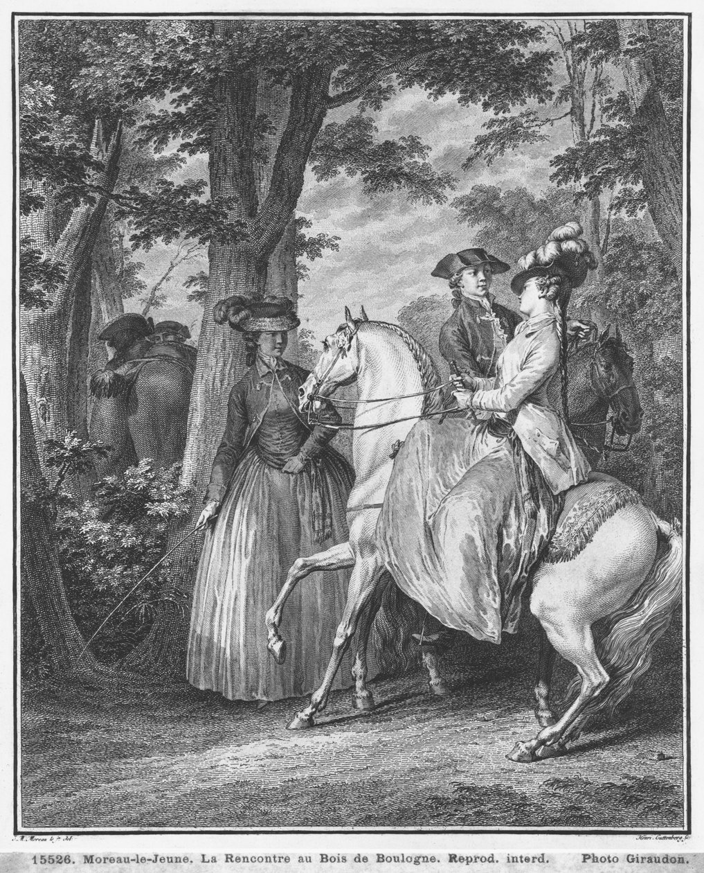 Spotkanie w Bois de Boulogne, rytowane przez Heinricha Guttenberga (1749-1818) c.1777 autorstwa Jean Michel the Younger Moreau