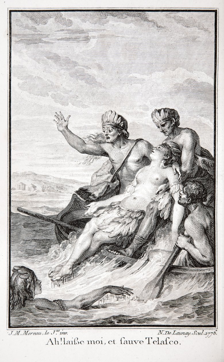 Ach! Zostaw mnie i uratuj Telasco!, ilustracja z „Inków, czyli zniszczenie imperium Peru” Jean-Francois Marmontel, sztychowana przez Nicolasa Delaunaya autorstwa Jean Michel the Younger (after) Moreau