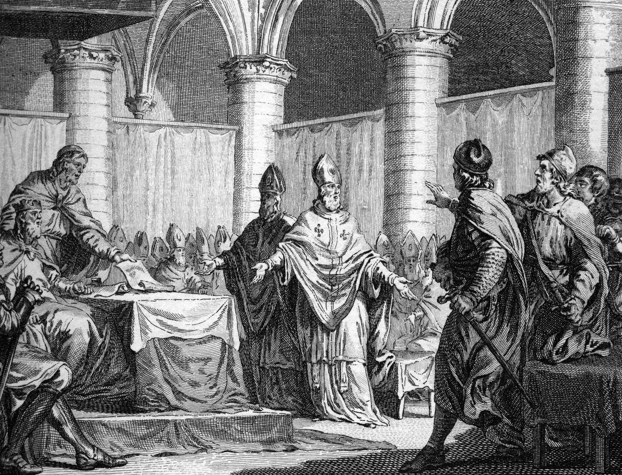 Ustanowienie kościelnych dziesięcin przez Pépina le Briefa i Carlomana (743). Grawerowanie po Moreau młody grawerunek XVIII wieku. Prywatna kolekcja. autorstwa Jean Michel the Younger (after) Moreau