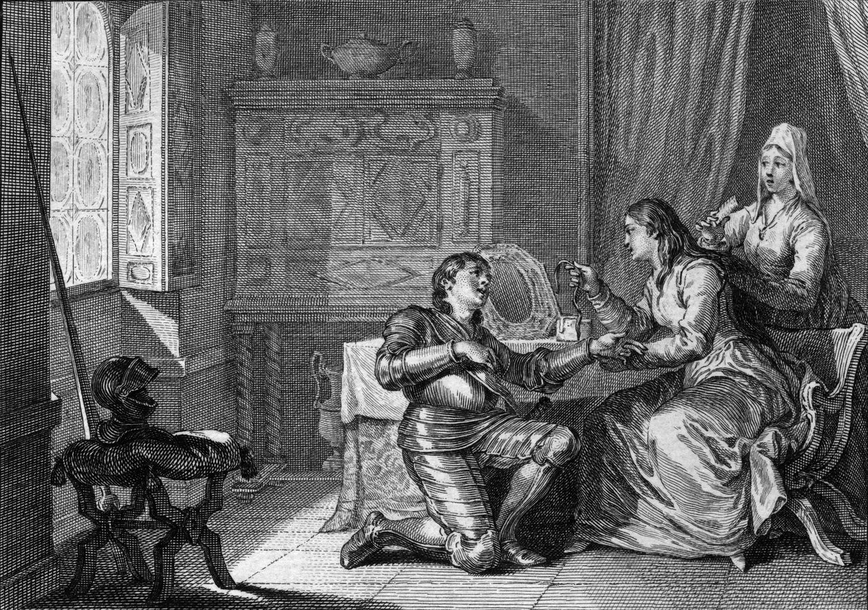 Kobieta ofiarowuje rycerzowi bransoletkę z tkaniny ze swoich włosów jako rękojmię miłości. X-XI wiek. Grawer Jean Michel Moreau, dit Moreau le Jeune (1741-1814) autorstwa Jean Michel the Younger Moreau