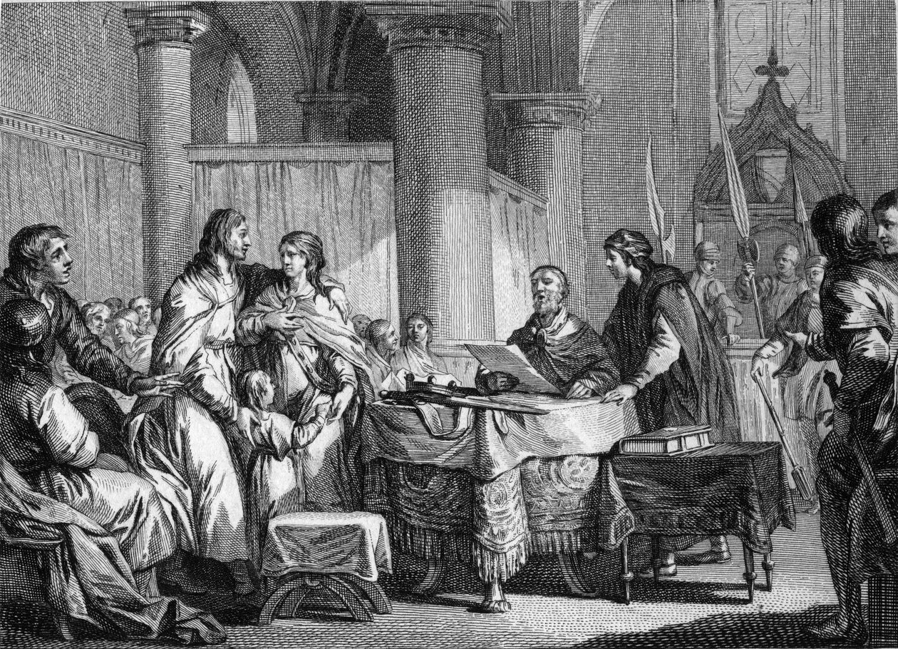 Abdykacja Carlomana (ok. 715-754), burmistrza pałacu w Austrazji, na rzecz swego brata, Pepina III dit Pepin le Brief (714-768), 747. Rycina Jean Michel Moreau, dit Moreau le Jeune ( 1741-1814) autorstwa Jean Michel the Younger Moreau