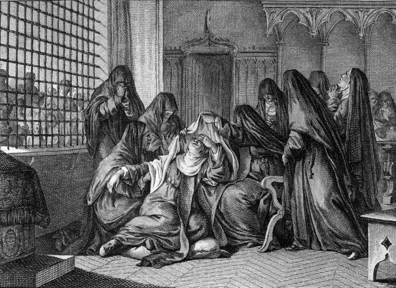Abelard i Heloise: Heloise (1101-1164) przyjmująca zasłonę w opactwie kobiet Argenteuil. Grawer Jean Michel Moreau, dit Moreau le Jeune (1741-1814) autorstwa Jean Michel the Younger Moreau