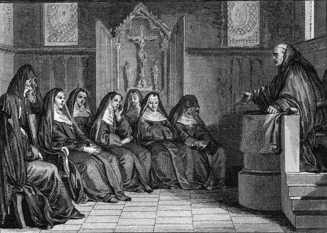 Abelard i Heloise: Pierre Abelard lub Abailard (1079-1142) został mnichem opactwa Saint Denis. Grawer Jean Michel Moreau, dit Moreau le Jeune (1741-1814) autorstwa Jean Michel the Younger Moreau