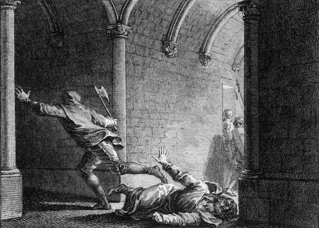 Zamach na Ebroina, burmistrza Neustria Palace, 681: został zabity siekierą przez Hermanfroi, lorda, któremu obrabował swoją własność. Grawer Jean Michel Moreau, dit Moreau le Jeune (1741-1814) autorstwa Jean Michel the Younger Moreau