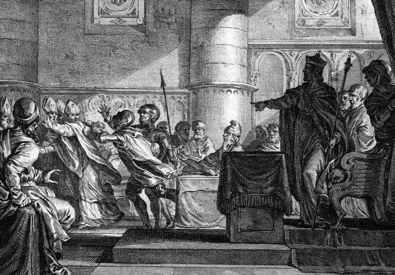 Duchowieństwo między duchowieństwem a szlachtą zebrane w parlamencie w Epernay (Marna) przez Karola Łysego (846). Grawer J.P. Le Bas po Moreau le jeune.18 wieku. autorstwa Jean Michel the Younger Moreau