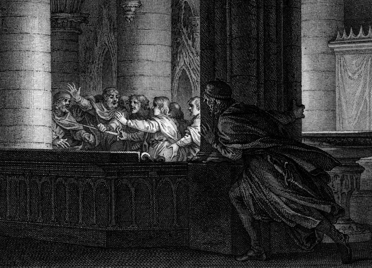 Spisek przeciwko Karolowi Wielkiemu, 792: lord zaskakuje rozmowę spiskowców planujących zabójstwo króla Franków. Wśród nich Pepin Bossu (769-811), syn Karola Wielkiego. Grawer Jean Michel Moreau, dit Moreau le Jeune (1741 autorstwa Jean Michel the Younger Moreau