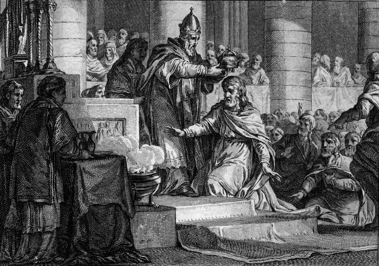 Koronacja Karola Wielkiego, 25 grudnia 800: Król Franków (747-814) zostaje konsekrowany na cesarza Zachodu przez papieża Leona III (750-816) w kościele św. Piotra w Rzymie. Grawer Jean Michel Moreau, dit Moreau le Jeune (1741-1814) autorstwa Jean Michel the Younger Moreau