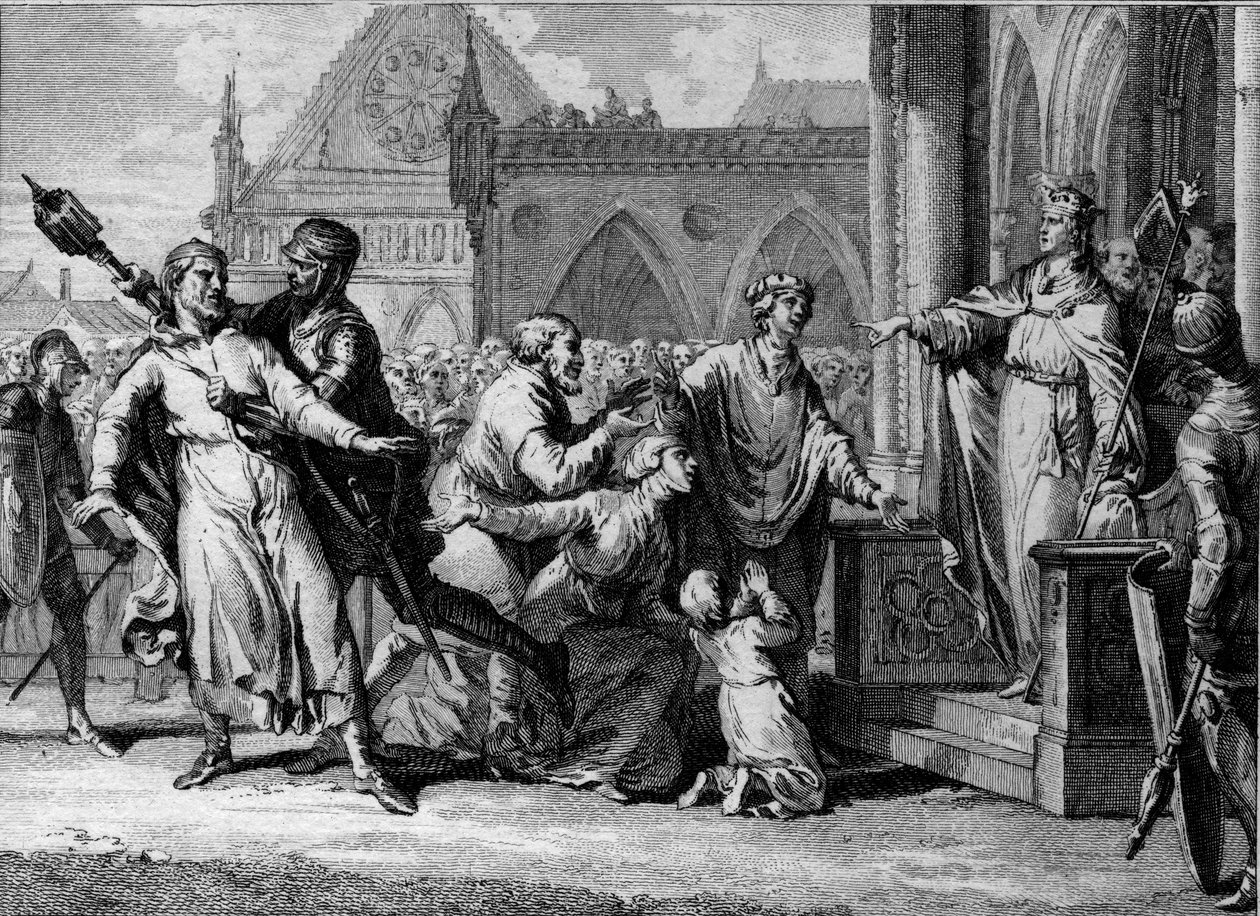 Dagobert 1st (602/605-638), król Franków, próbuje zapewnić sobie władzę królewską w Burgundii, wysłuchując skarg mieszkańców na ich panów. Grawer Jean Michel Moreau, dit Moreau le Jeune (1741-1814) autorstwa Jean Michel the Younger Moreau