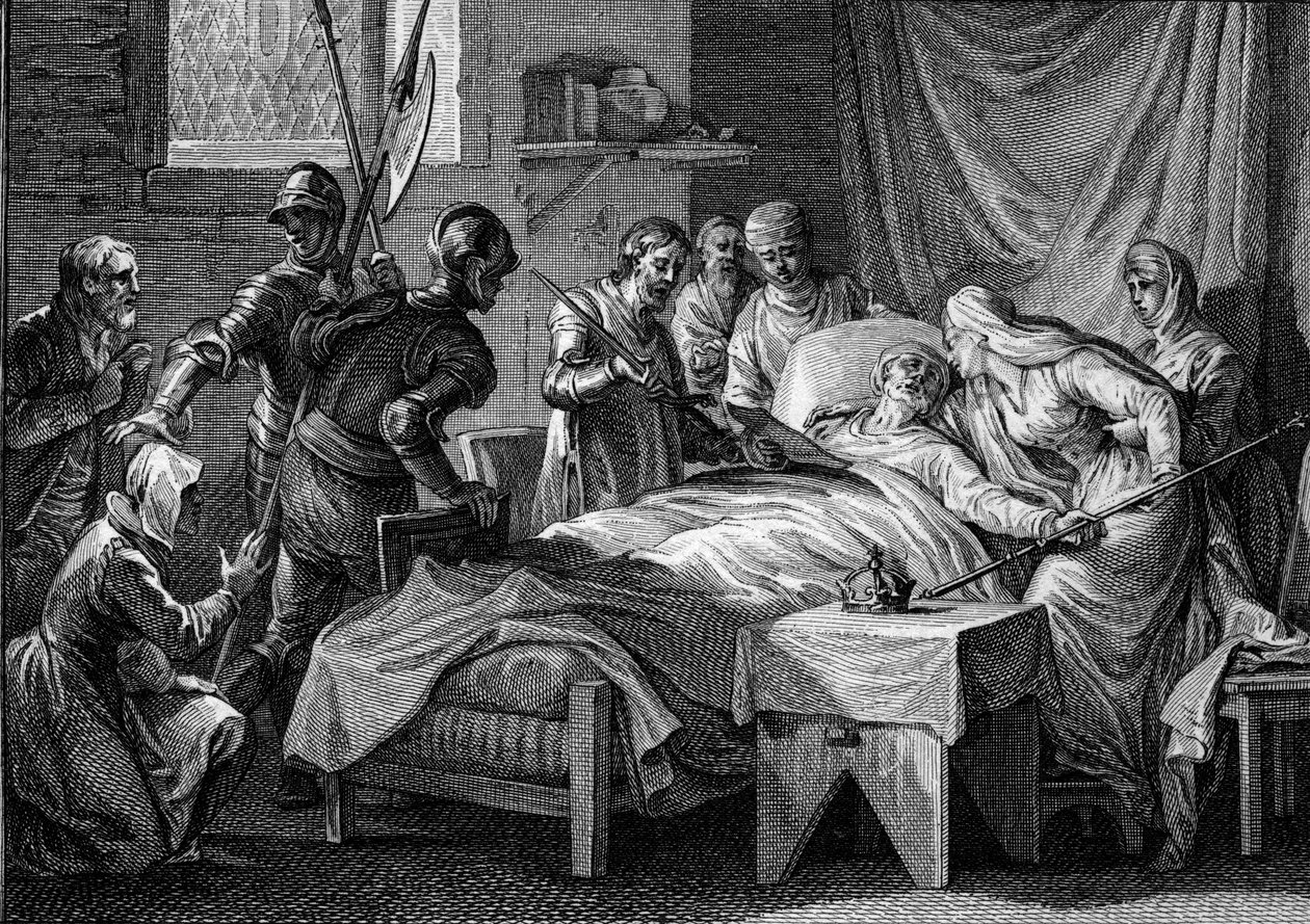 Śmierć i sukcesja Karola II Łysego (823-877), 877: król przekazał cesarzowej koronę cesarską, swoje złote berło, miecz św. Piotra i testament, którym przeznacza swojego syna Ludwika Begę do dziedziczenia . Grawerowanie przez J autorstwa Jean Michel the Younger Moreau