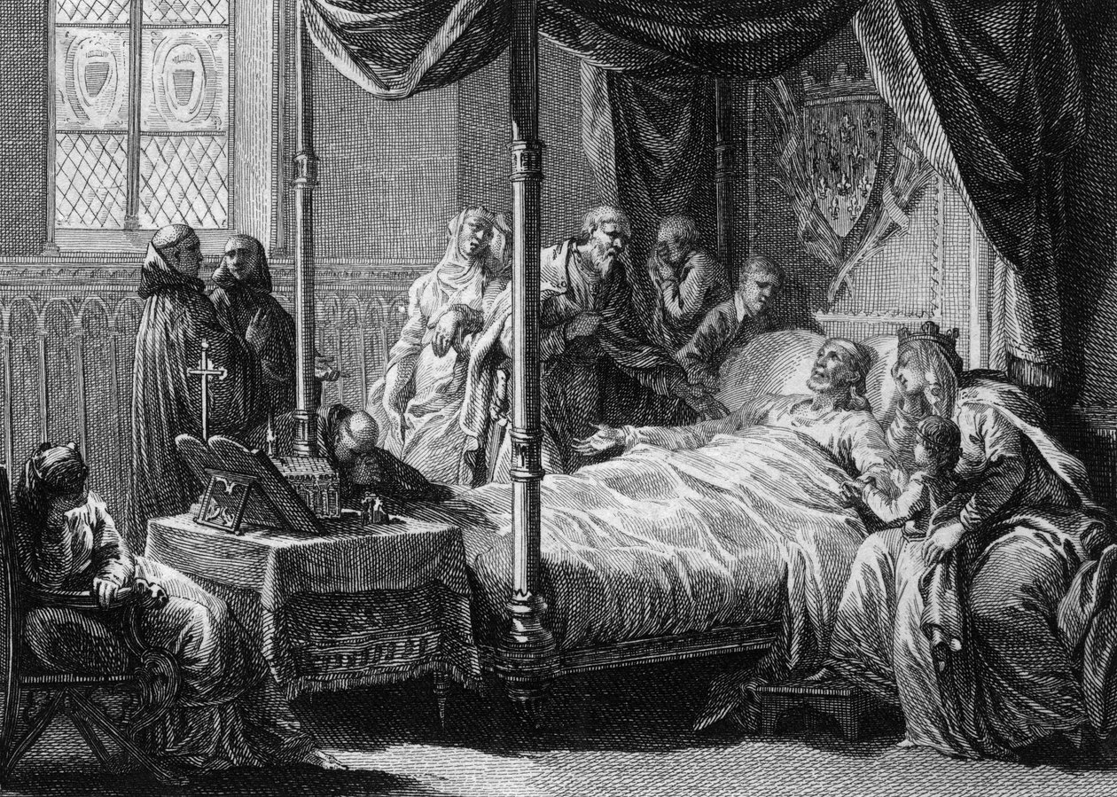 Śmierć króla franków Dagoberta I (602/605-638) w obecności jego żony królowej Nantildy (ok. 610-642) i syna, przyszłego Chlodwiga II (ok. 635-657). Grawer Jean Michel Moreau, dit Moreau le Jeune (1741-1814) autorstwa Jean Michel the Younger Moreau