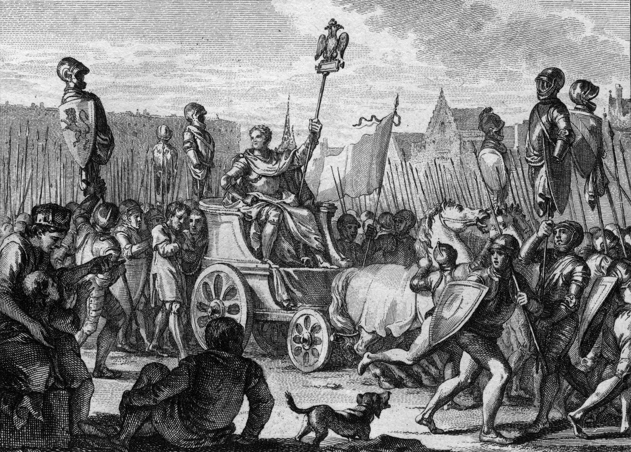 Zbezczeszczenie Filipa II Augusta (1165-1223) na ulicach Paryża, po zwycięstwie armii francuskiej nad Flamandami i Welfami Othona IV w bitwie pod Bouvines autorstwa Jean Michel the Younger Moreau