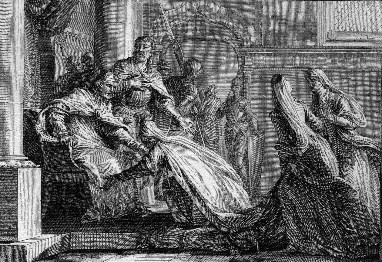 Emma z Francji (894-934), siostra Huguesa Wielkiego (897-956), upada na twarz. Mariee ma Raoula z Burgundii (lub Rodolphe, 890-936), postanowiła na prośbę brata podarować mężowi koronę Francji, deklarując „lepiej ją pocałuj”. autorstwa Jean Michel the Younger Moreau